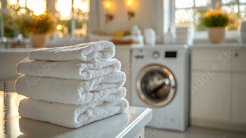 laundry room, a pristine white table adorned with neatly folded stacks of freshly laundered clothes. a sleek washing machine hums quietly in the background. lifestyle visuals 