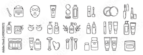 make up beauty doodle hand drawn icon set. Outline drawing cosmetics line clipart symbol