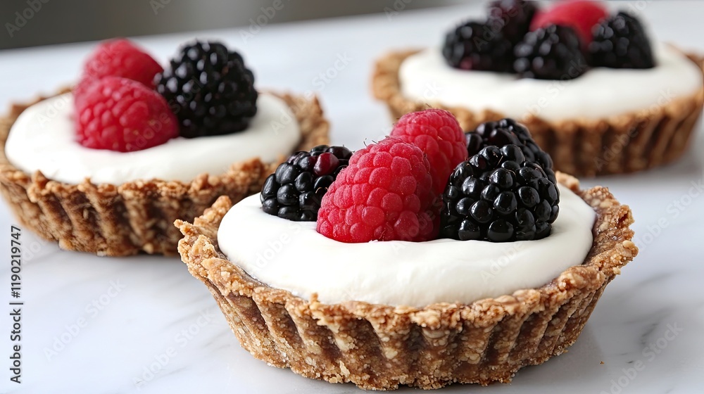 A close-up of fresh fruit tarts with colorful berries on top. A close-up of fresh fruit tarts with colorful berries on top.