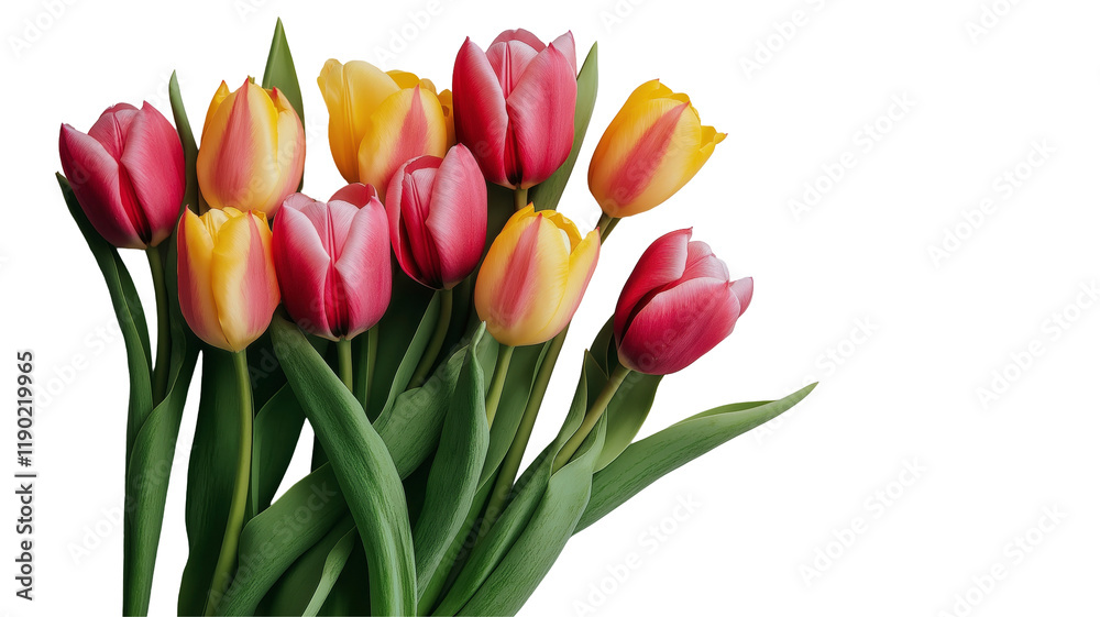 Naklejka premium Set of tulips in violet, white, pink, red, purple, and blue on a transparent background. Valentine's Day, Easter, Birthday, Women's Day, Mother's Day, flat lay, quotes, greetings, messages, and cards.