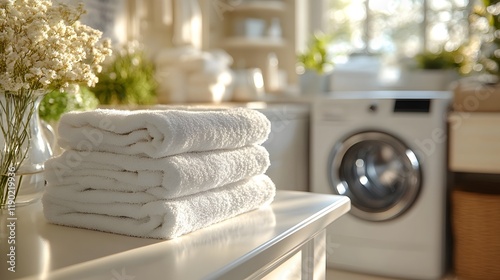 laundry room, a pristine white table adorned with neatly folded stacks of freshly laundered clothes. a sleek washing machine hums quietly in the background. lifestyle visuals 