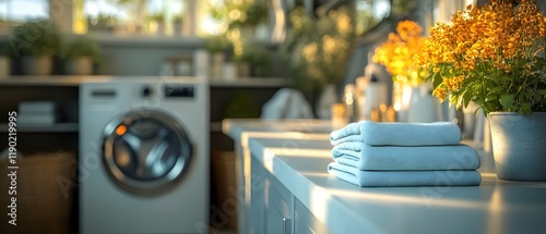 laundry room, a pristine white table adorned with neatly folded stacks of freshly laundered clothes. a sleek washing machine hums quietly in the background. lifestyle visuals 