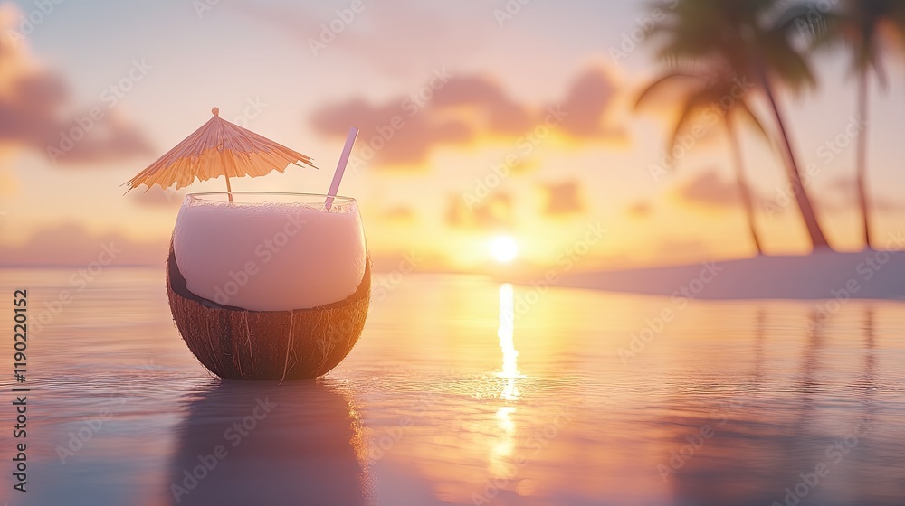 A coconut drink sitting on a beach with a sunset and palm trees in the background. A coconut drink sitting on a beach with a sunset and palm trees in the background.