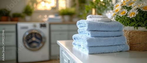 laundry room, a pristine white table adorned with neatly folded stacks of freshly laundered clothes. a sleek washing machine hums quietly in the background. lifestyle visuals 