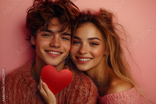 a young couple with a playful smile holds a red paper heart, both are dressed casually in modern, bright clothing. love and relationship, valentine’s day, couple banner