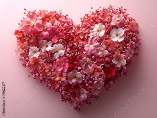 a heart shape created from tiny, fresh pink, red, and white flowers arranged on a light magenta background. valentine’s day, love and heart, love banner