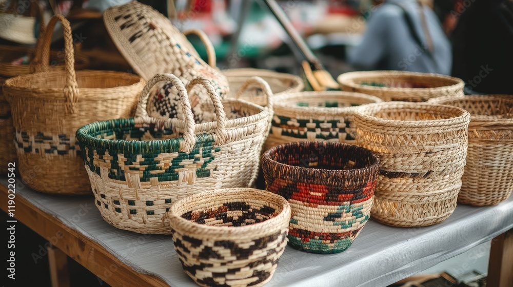 A collection of market baskets with various woven patterns, displayed at a farmer's market. A collection of market baskets with various woven patterns, displayed at a farmer's market.