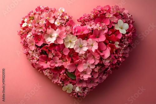 a heart shape created from tiny, fresh pink, red, and white flowers arranged on a light magenta background. valentine’s day, love and heart, love banner