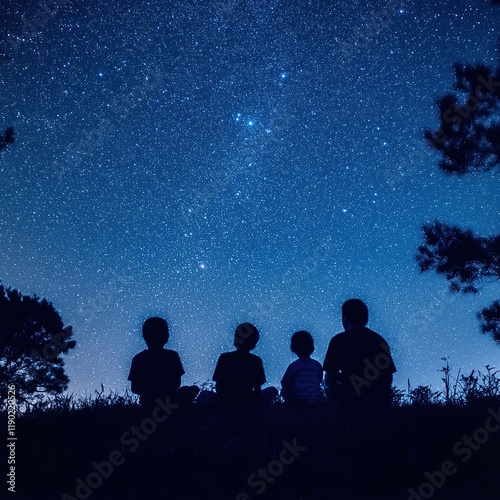 Silhouetted children gazing at a starlit night sky.
