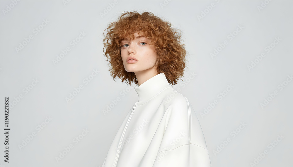 Photo - Woman Fashion Model White Jacket Curly Hair Minimalist Portrait Photo - Woman Fashion Model White Jacket Curly Hair Minimalist Portrait