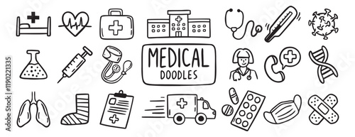 medical health care doodle hand drawn icon set. Outline drawing medical health care items line clipart symbol collection. Outline drawing line clipart symbol collection