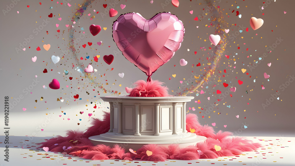 Happy Valentine’s Day podium display with heart-shaped balloons and confetti in 3d rendering Happy Valentine’s Day podium display with heart-shaped balloons and confetti in 3d rendering