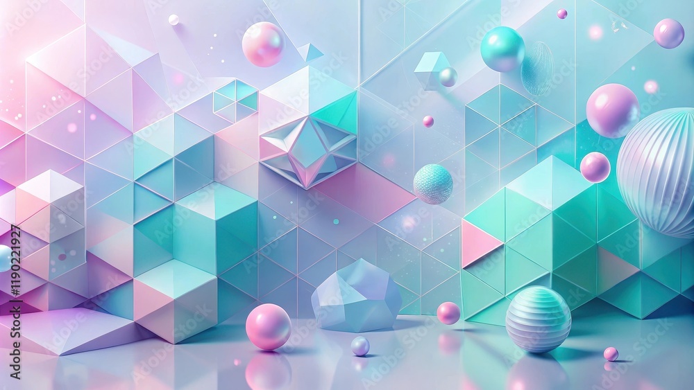 Abstract Pastel Geometric Forms and Spheres Composition with Shiny Surfaces and Soft Lighting Abstract Pastel Geometric Forms and Spheres Composition with Shiny Surfaces and Soft Lighting