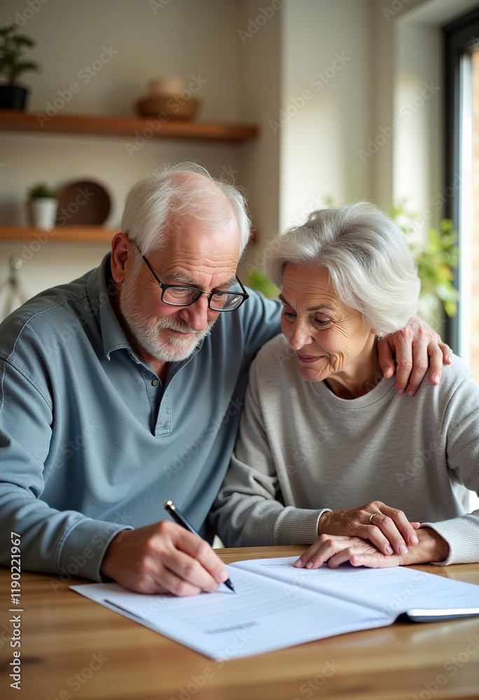 Calm and Informed Decision: Senior Couple Studying Reverse Mortgage Options at Their Kitchen Table Calm and Informed Decision: Senior Couple Studying Reverse Mortgage Options at Their Kitchen Table