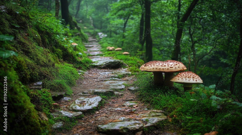 A forest pathway with mushrooms growing on both sides, set against a mossy ground and vibrant foliage. A forest pathway with mushrooms growing on both sides, set against a mossy ground and vibrant foliage.
