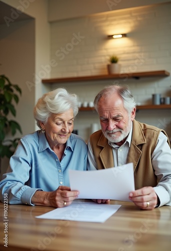Senior Couple Reviewing Reverse Mortgage Documents at Home, Emphasizing Financial Security and Careful Decision Makin
