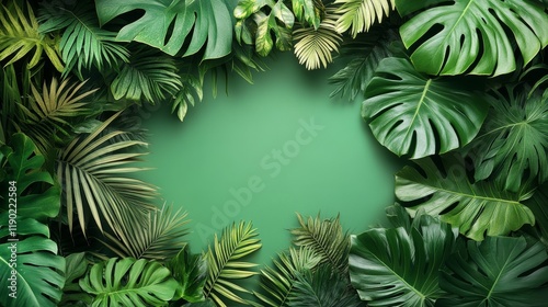 Lush tropical foliage frame with a vibrant green central area ideal for text or design elements