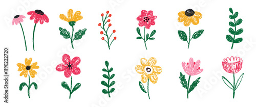 Set of doodle flowers for kids with crayon, chalk or pastel texture. Childish spring floral background. Easter or summer vector illustration.