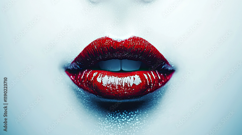 Obraz premium Glossy red lips with soft blue background create allure
