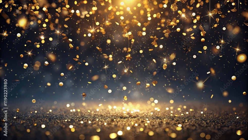 Fototapeta premium A Luxurious Shower of Golden Confetti Falling onto a Sparkling Surface, Creating a Festive and Elegant Atmosphere