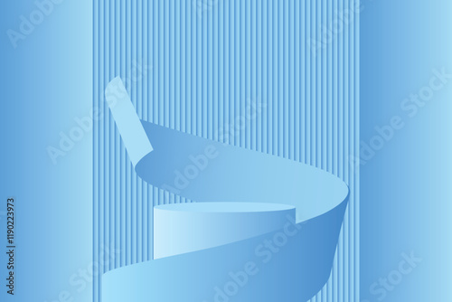 Elegant blue podium with curved ribbon on striped background. Minimalist luxury design concept. Vector illustration