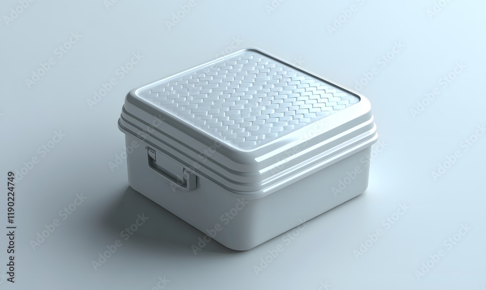 Square white plastic storage container with textured lid and handle. Square white plastic storage container with textured lid and handle.