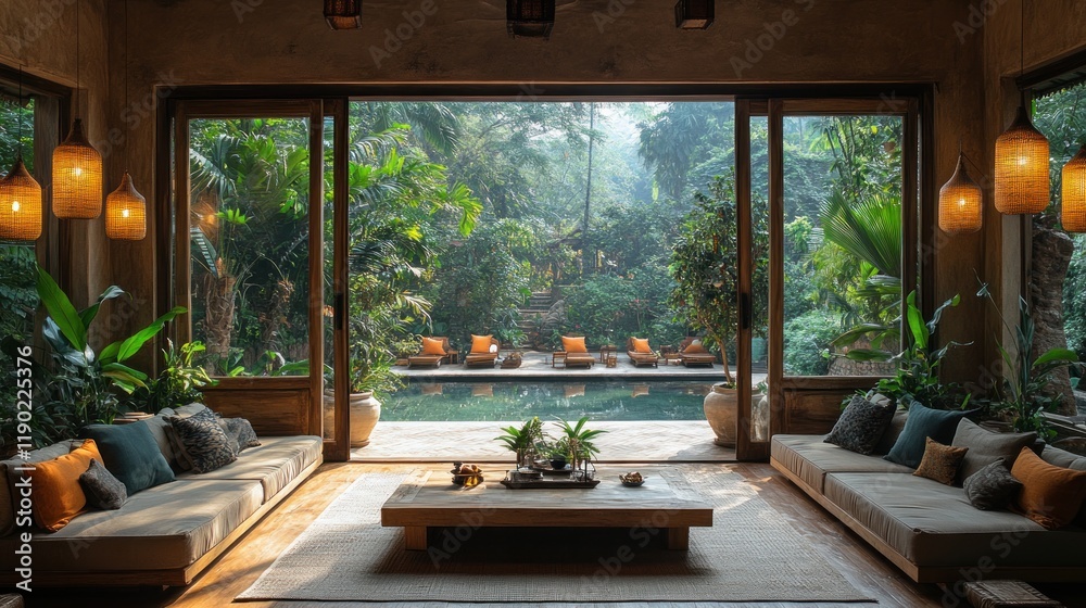 Fototapeta premium Luxurious living room with large windows overlooking a tranquil pool and lush jungle.
