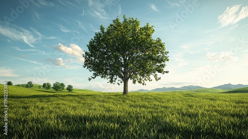 Solitary Tree in a Verdant Grassy Field Under a Blue Sky