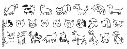 cute dogs and cats doodle hand drawn icon set. Sitting, standing. Outline drawing cats and dogs faces line clipart symbol collection