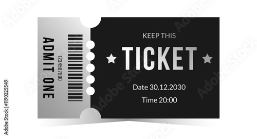 Silver ticket template. Cinema, theater, casino, concert, opera, ballet, performance chrome design. Metal gradient coupon, text, barcode. Vector illustration on white background