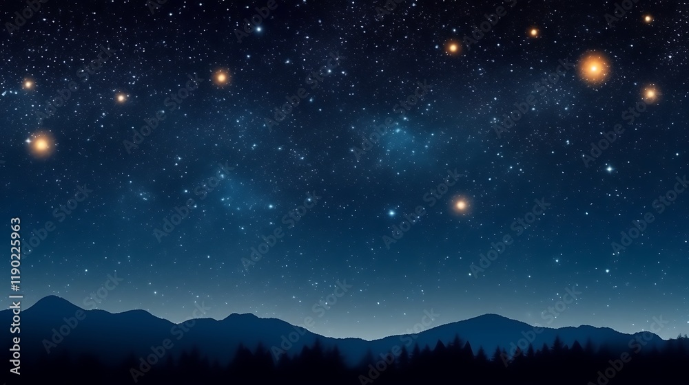 Naklejka premium Starry Night Sky Above Silhouetted Mountains