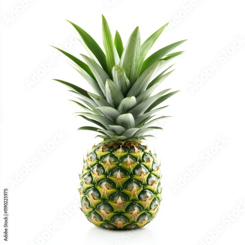 Fresh Pineapple with Green Leaves on White Background