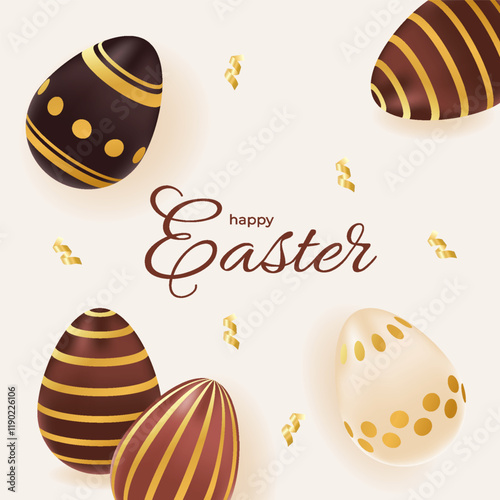 Happy Easter day card with realistic chocolate golden eggs. Holiday greeting poster. Spring vector illustration. Design for banner, flyer, social media, brochure, presentation, invitation