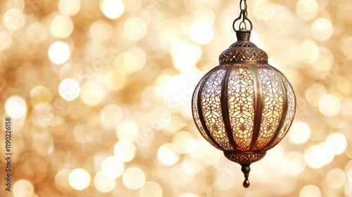 Traditional Ramadan lantern with a glowing candle on a wooden surface and warm golden bokeh lights in the background photo