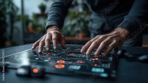 Hands using futuristic financial software with dynamic infographics