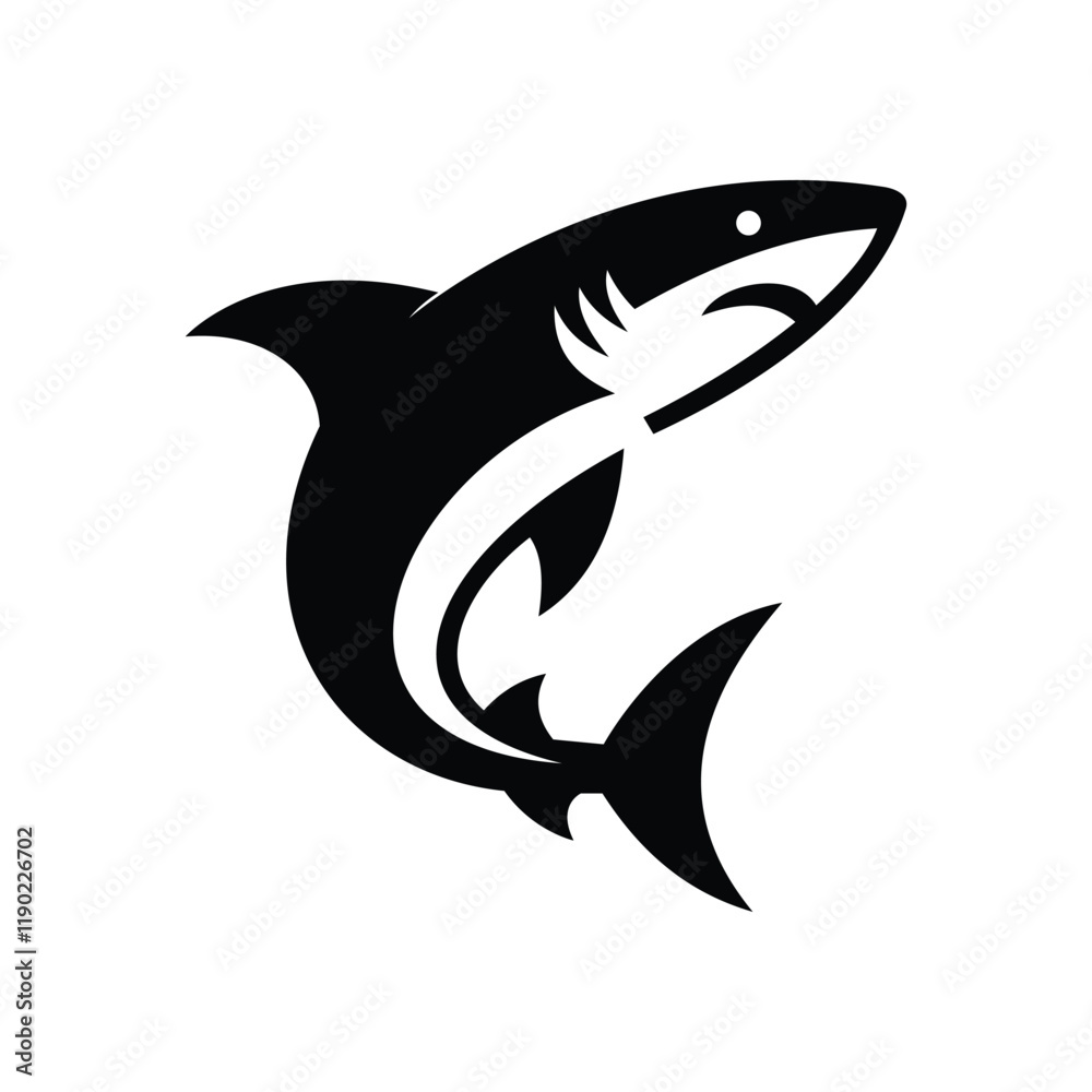 Obraz premium Bold black shark silhouette in side jump pose for marine themed design