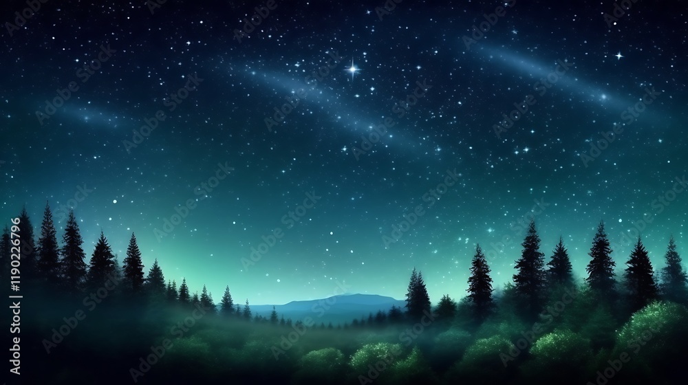 Naklejka premium Serene Night Sky Over Misty Forest Landscape