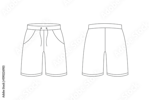 Flat sketch of basic shorts with waistband and pockets, front and back view