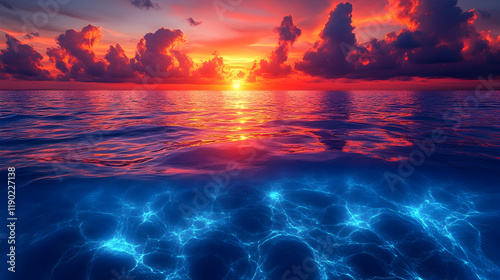 Illustration - Sunset Ocean Glow Underwater and Above Water View