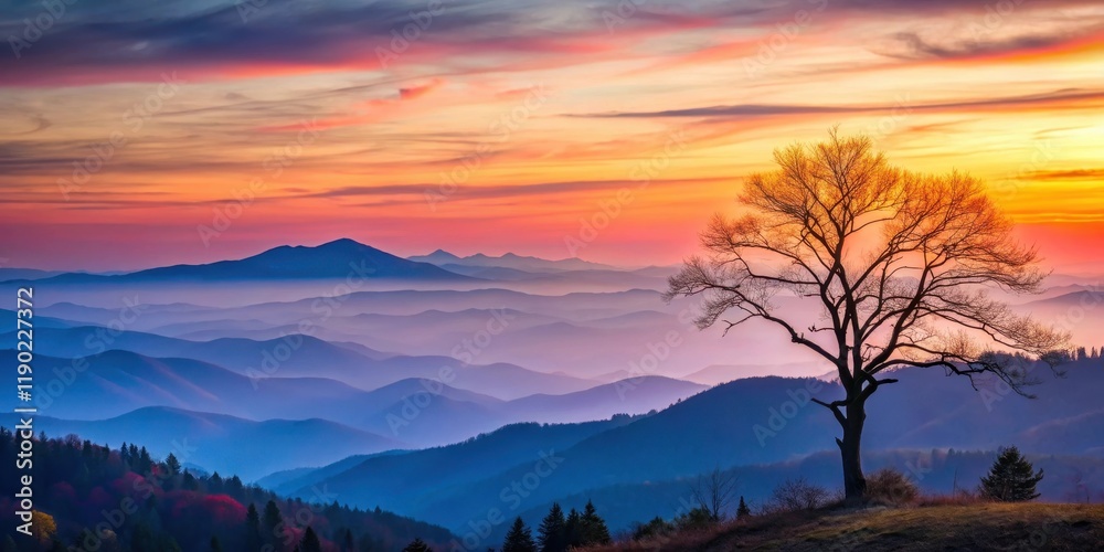 Serene Sunset Over Undulating Mountain Ranges with a Solitary Leafless Tree Silhouetted Against the Vibrant Sky Serene Sunset Over Undulating Mountain Ranges with a Solitary Leafless Tree Silhouetted Against the Vibrant Sky