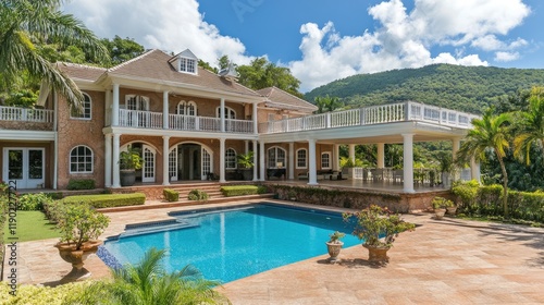 Wallpaper Mural A luxurious private house with a sparkling swimming pool surrounded by lush greenery. Torontodigital.ca