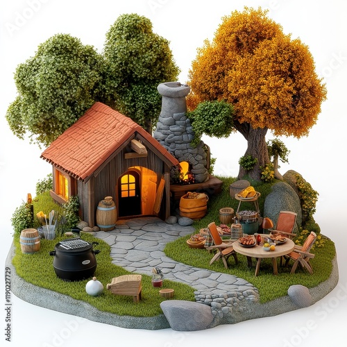 [Grilling Outdoors cleaning tools grill] Rustic Village Scene 3D Rendering - Peaceful Cabin amidst Nature's Splendor