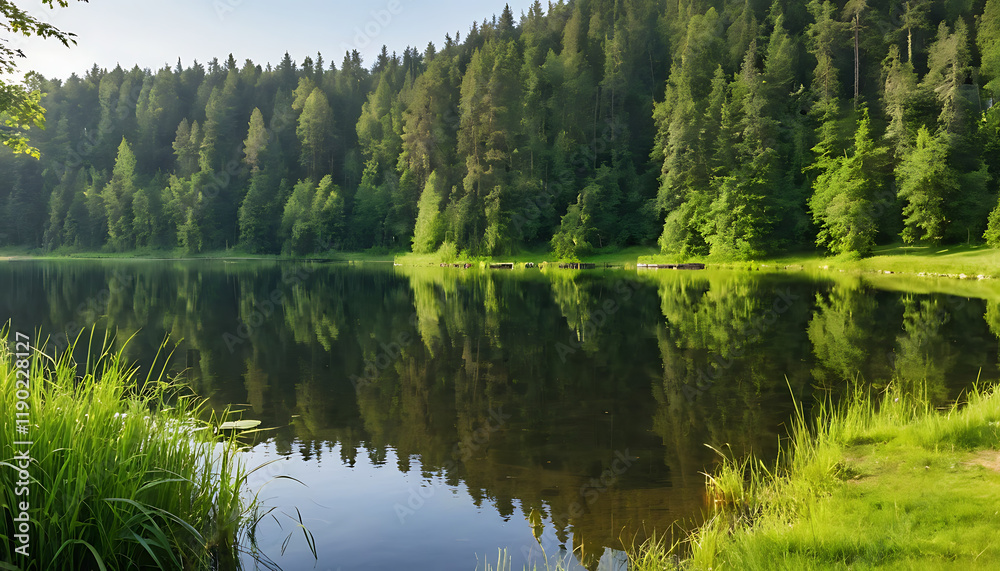 Obraz premium summer day view by the lake with clean water and water grass green foliage near forest
