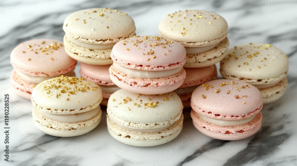 Obraz premium A delicate stack of macarons with soft pastel tones, including vanilla, rose, and pistachio flavors, styled on a marble surface