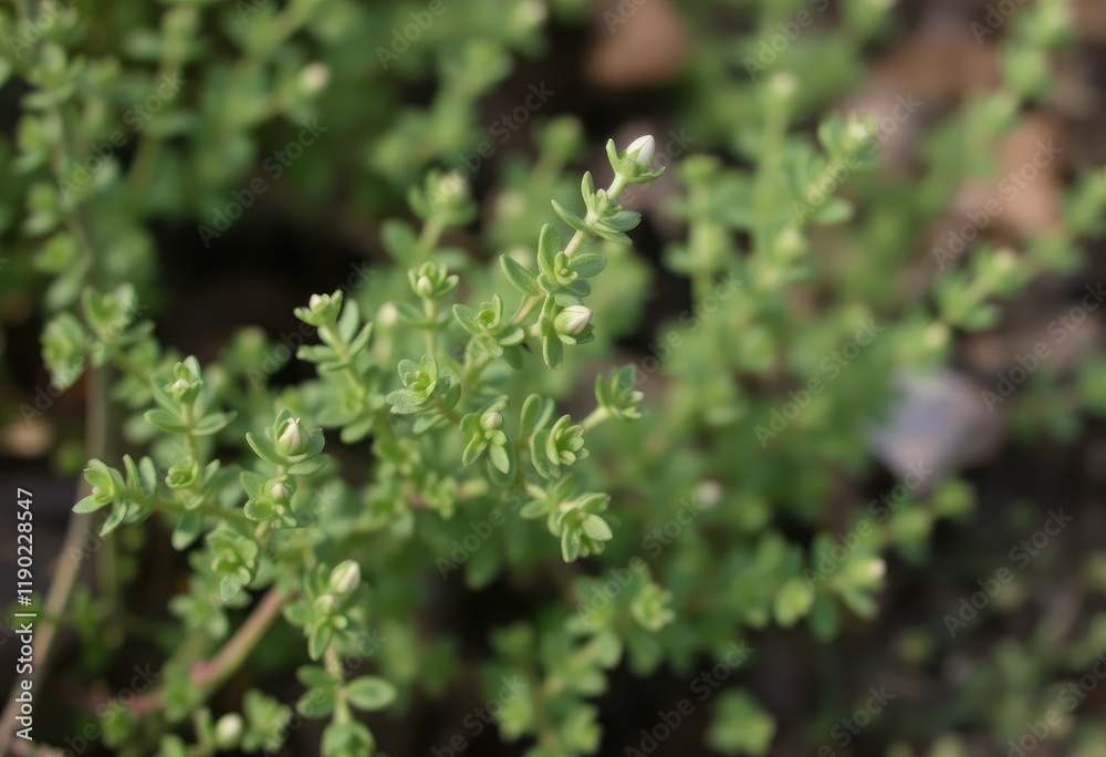 A thyme plant growing in a garden, with tiny green leaves and delicate stems, captured with soft natural light A thyme plant growing in a garden, with tiny green leaves and delicate stems, captured with soft natural light
