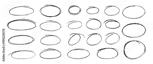 Set of black oval and circles with crayon, chalk or pastel texture. Freehand brush stroke highlight round, circular highlight frame element. Vector illustration.