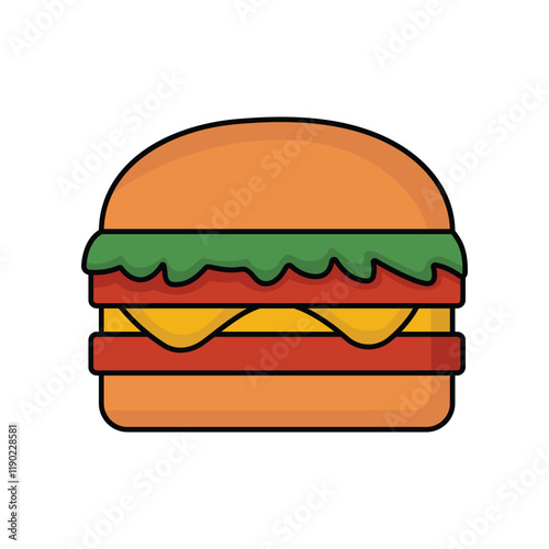 Cartoon hamburger with cheese, lettuce, and tomato in vector style