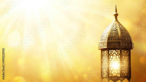 Traditional Ramadan lantern with a glowing candle on a wooden surface and warm golden bokeh lights in the background photo