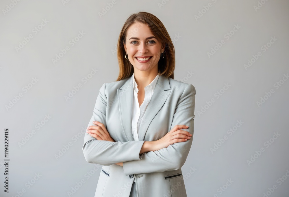 A confident and happy businesswoman stands with her arms crossed A confident and happy businesswoman stands with her arms crossed