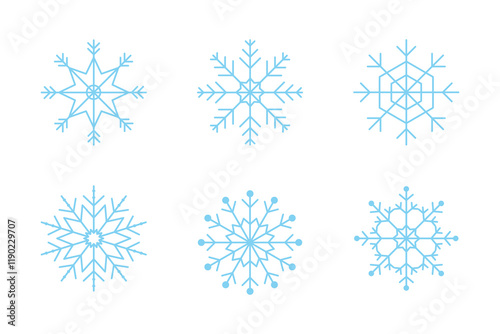 Collection of six blue vector snowflakes with geometric design on white background